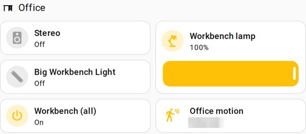 Home Assistant office panel with stereo, workbench lamp and lights